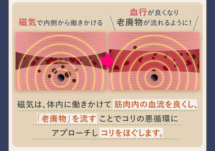 磁気で内側から働きかける 血行が良くなり老廃物が流れるように 磁気は、体内に働きかけて筋肉内の血行を抑止、「老廃物」を流すことでコリの悪循環にアプローチしコリをほぐします。