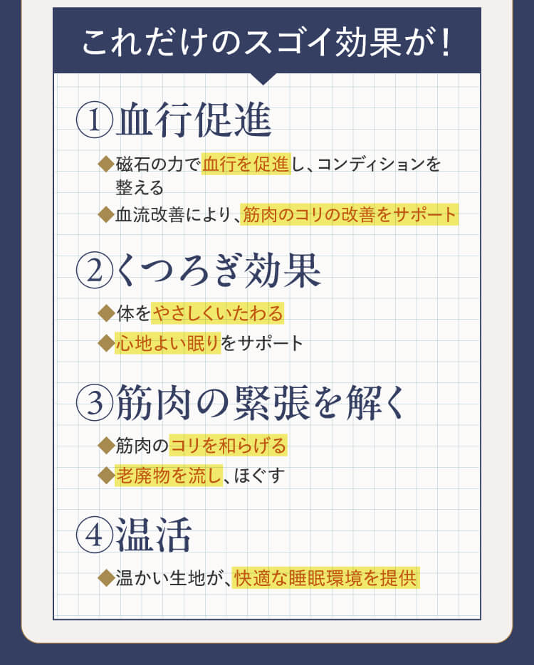 これだけのスゴイ効果が！①血行促進◆磁石の力で血行を促進し、コンディションを整える ◆血流改善により、筋肉のコリの改善をサポート ②くつろぎ効果◆体をやさしくいたわる ◆心地よい眠りをサポート ③筋肉の緊張を解く◆筋肉のコリを和らげる ◆老廃物を流し、ほぐす ④温活◆温かい生地が、快適な睡眠環境を提供